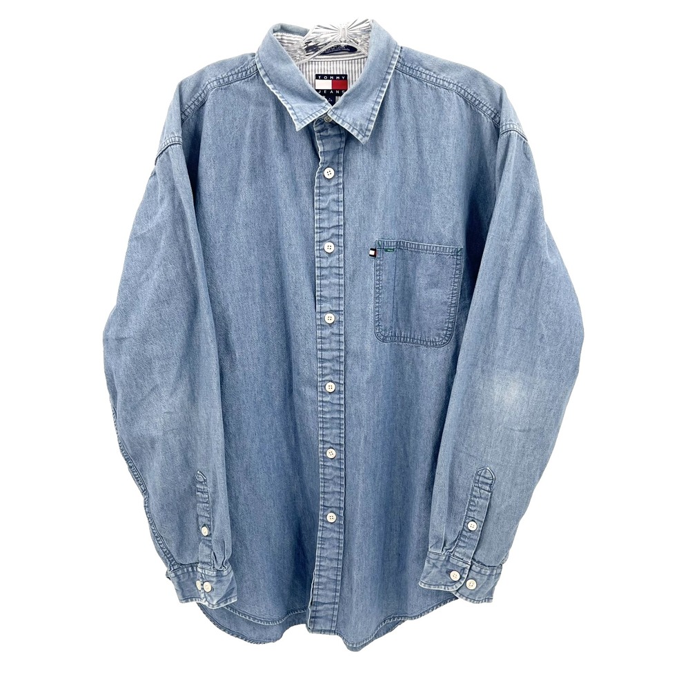 TOMMY HILFIGER Men's Sz L Vintage Lightweight Denim Long-Sleeve Button-Up Shirt - Picture 2 of 7
